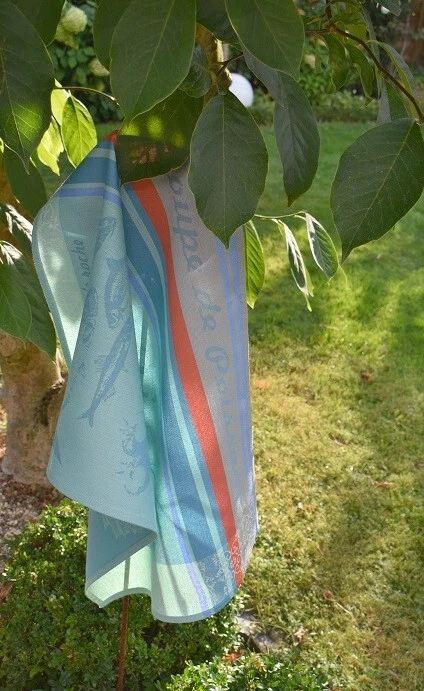 Geschirrtuch Baumwolle Jacquard 50x70 cm türkis mit Fischrezept aus Frankreich - Bild 2 von 4