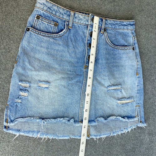 RUSTY Denim Skirt Womens Size 8 Blue Button Fly Distressed Wash Fade Denim Mini - Picture 7 of 11