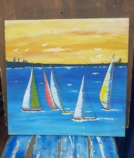Regata Di Barche A Vela Dipinta Su Legno Riciclato Vintage Nautica Marina 