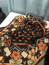 Vintage Orange Black  Yellow Hand Rolled Floral 30  Square Scarf Japan Satin
