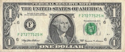 trinary double fancy serial number H run F district F27277525H 2s 5s 7s $1 bill