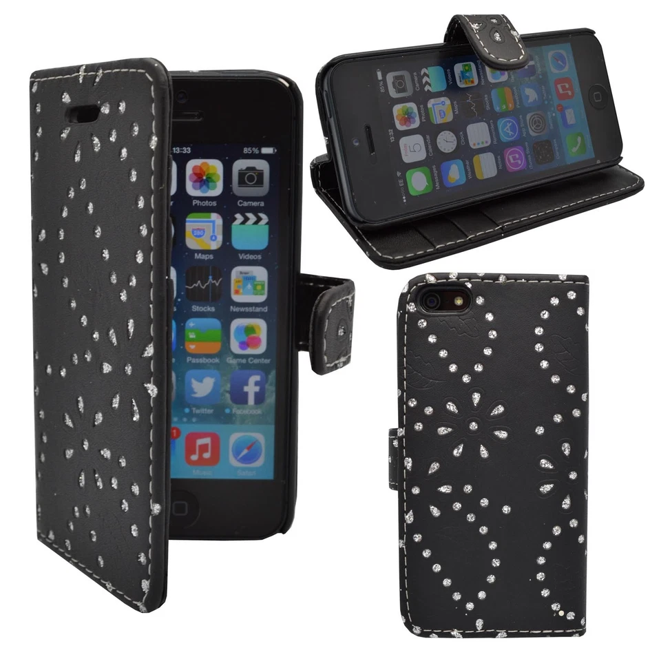 CASE FOR APPLE IPHONE 5 5S GLITTER WALLET FLIP IN VARIOUS COLOURS POUCH COVER - Image 2 of 4