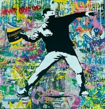 BANKSY THROWER ! NEVER GIVE UP by MR. BRAINWASH (ORIGINAL)  36 X 36 -Kaws Haring