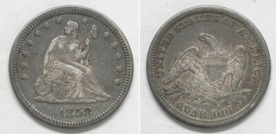 X3108 1858 Liberty Seated Quarter 25c, XF/AU - From an Old Seated