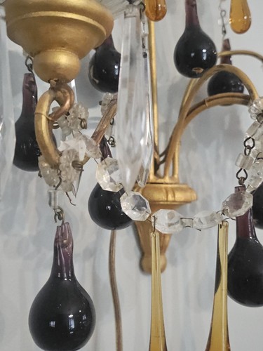 ANTIQUE FRENCH CRYSTAL BEADED PRISMS SCONCE/lamp AMBER &RARE Amethyst RAINDROPS - Picture 11 of 17