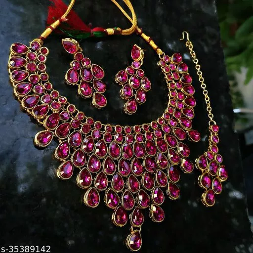Jewellery Elegant Magenta Color Stone Necklace Set for Girls Women Freeship