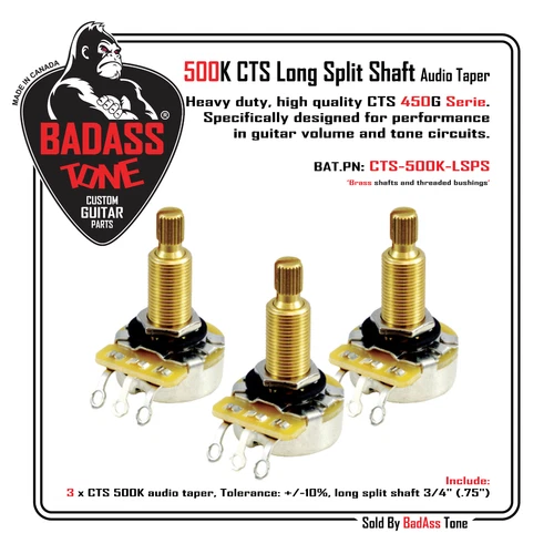 3 x CTS 500K - 450G Series Long Shaft Audio Taper - Pro pots for Guitar & Bass