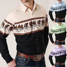 Vintage Retro Western Style Button Down Shirt Slim Fit Long Sleeve Tops,For-Men