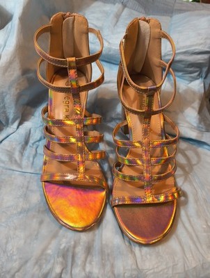 Allegra K Strappy Gladiator Iridescent Rose Gold Sandals, 7.5  Shiny Block Heel