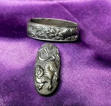 Fuchi Tsuba Bamboo Tiger Design Sword Fittings Antique Rare Collectible