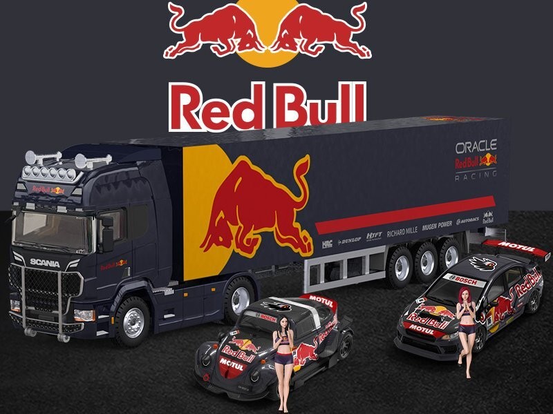 ミニカー Red Bull Racing Scania Truck 1/64 SCANIA TRUCK VW BEETLE SUBARU WRX FIGURE SET RED BULL LIVERY