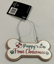 Puppy  s First Christmas Dog Bone Shaped Ornament Wood Holly Paw Prints Wooden