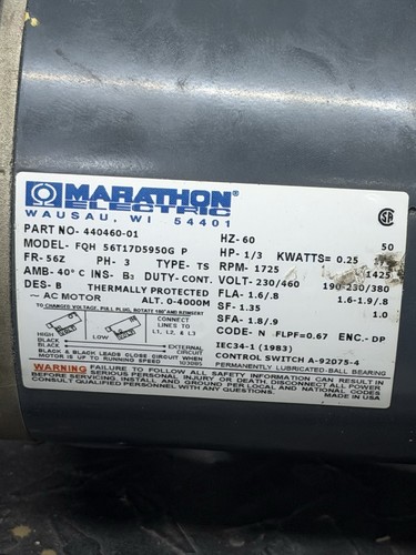 Alliance 44046001P 440460-01 3 Phase Fan Motor Used. New Motor Mounts.
