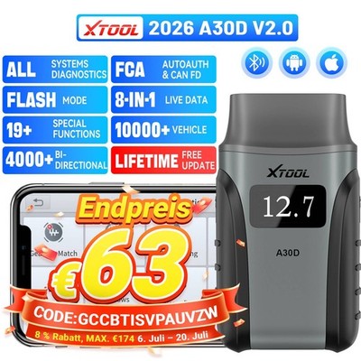 XTOOL A30D V2.0 BT Kabellos Auto KFZ OBD2 Diagnosegerät Scanner Alle Systeme DE