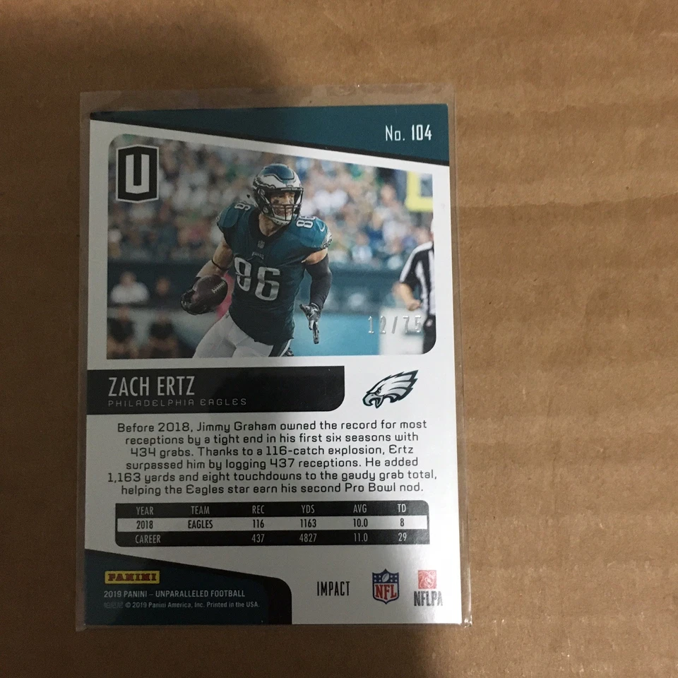 Zach Ertz 2019 Panini Unparalleled Impact # 74/75 SP - Image 2 of 2