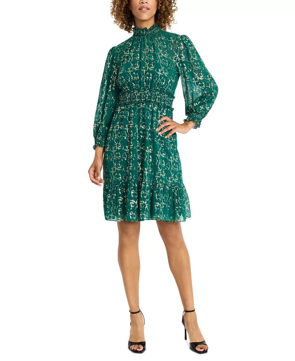 Maggy London Women's Printed Smocked Fit & Flare Dress - Aventurine Gold - Size 16
