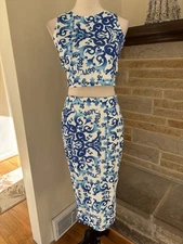 NWT 2 pc midriff top skirt blue white stretch dress sz M La Reyna