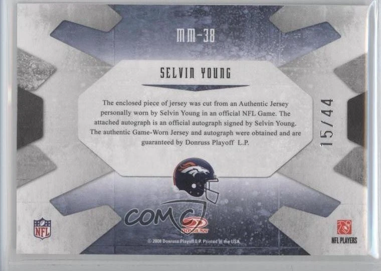 2008 Leaf Limited Material Monikers Jersey Numbers /44 Selvin Young #MM-38 Auto - Image 2 of 2