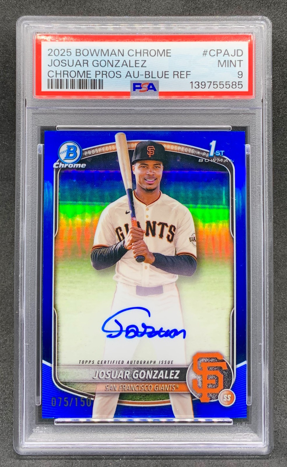 2025 Bowman Chrome JOSUAR GONZALEZ Blue Refractor 1st Auto SP /150 Mint PSA 9