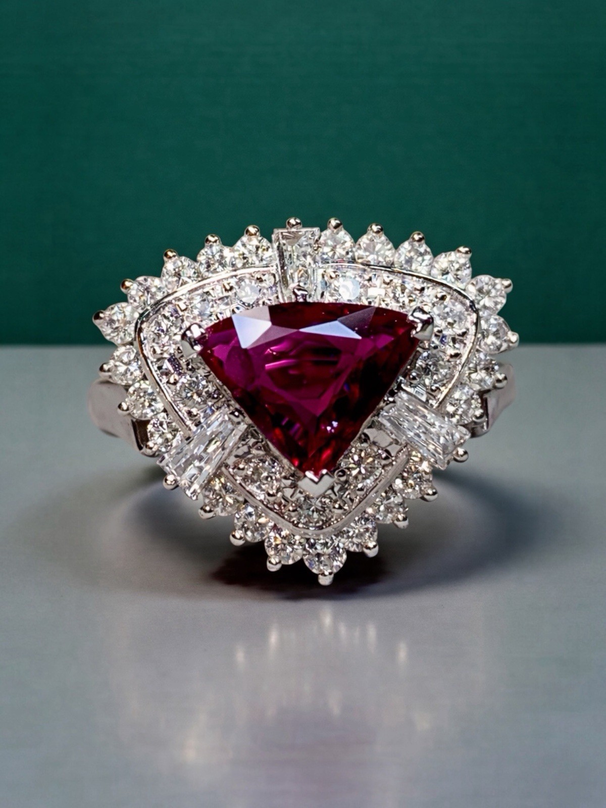 Estate Platium Triangular Ruby Baguette Round Dia… - image 1