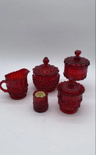 Vintage Fenton Ruby Red Glass English Hobnail Scalloped Rim Dishes Lot Of 5