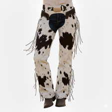 Cowhide Leather Western Chaps – Hair-On Hide Fringed Cowgirl Riding Chaps