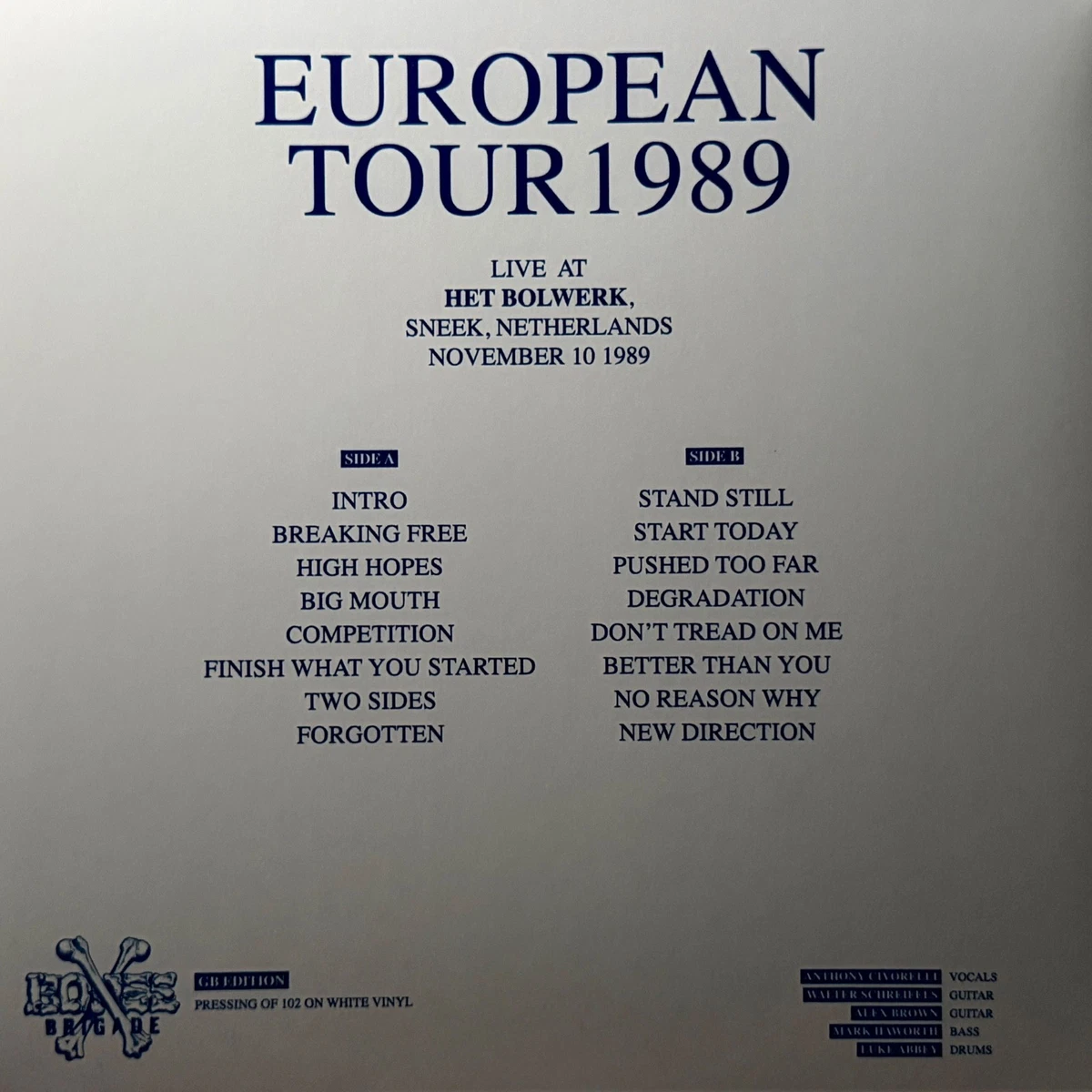 Gorilla Biscuits European Tour 1989 LP White Vinyl Live