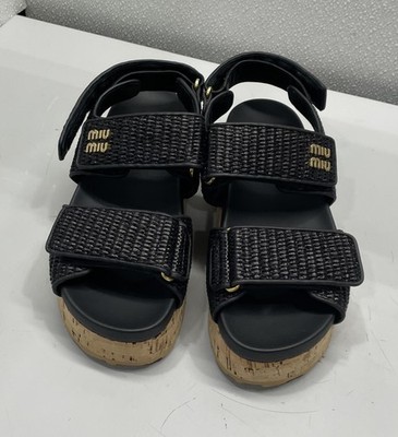 Miu Miu Raffia-Effect Woven Fabric Wedge Sandals Women's SIze 7