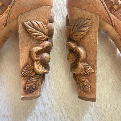 Miu Miu Camel Tan Floral Carved Wood Heel Platform Sandals – Size
