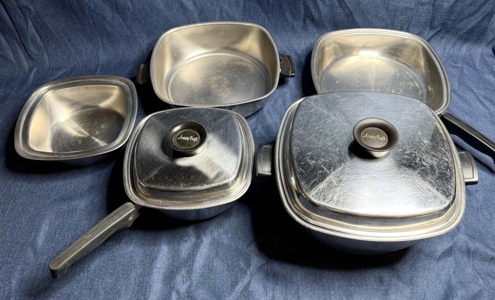 Vintage Aristo-Craft Lot Of 7 Piece Stainless Steel Square Shaped Cookware Set