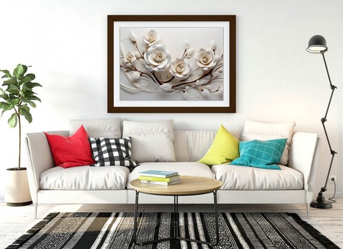 DECORATIVE WHITE ROSES ON A BRANCH -FRAMED WALL ART POSTER PAPER PRINT - Picture 5 of 11