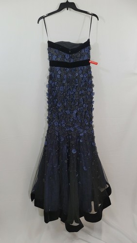 Abito con tromba senza spalline #407 Mac Duggal con applique floreale con applique taglia 8 blu - Foto 5 di 8