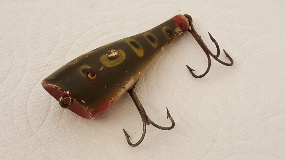 Antique wood fishing lure with glass eyes plug bass 3 Antique wood fishing lure with glass eyes plug bass 3