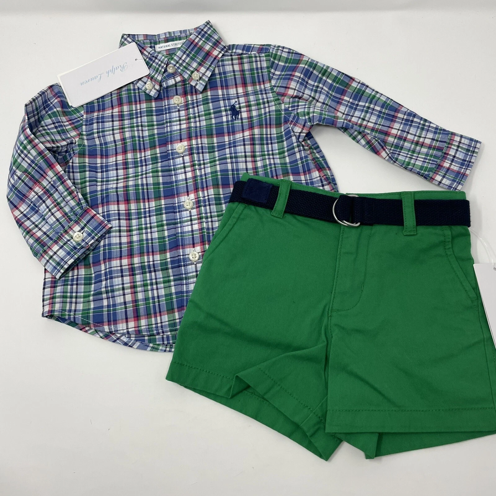 Polo Ralph Lauren Baby Boys 9M Polo Dress Shirt & Shorts Outfit Set, Spring