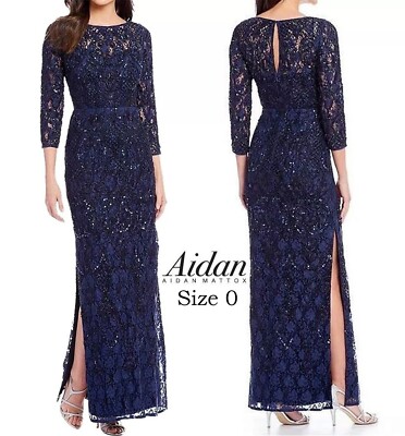 NWT Aidan Mattox Women's Embellished Floral Lace Navy Gown  Size 0