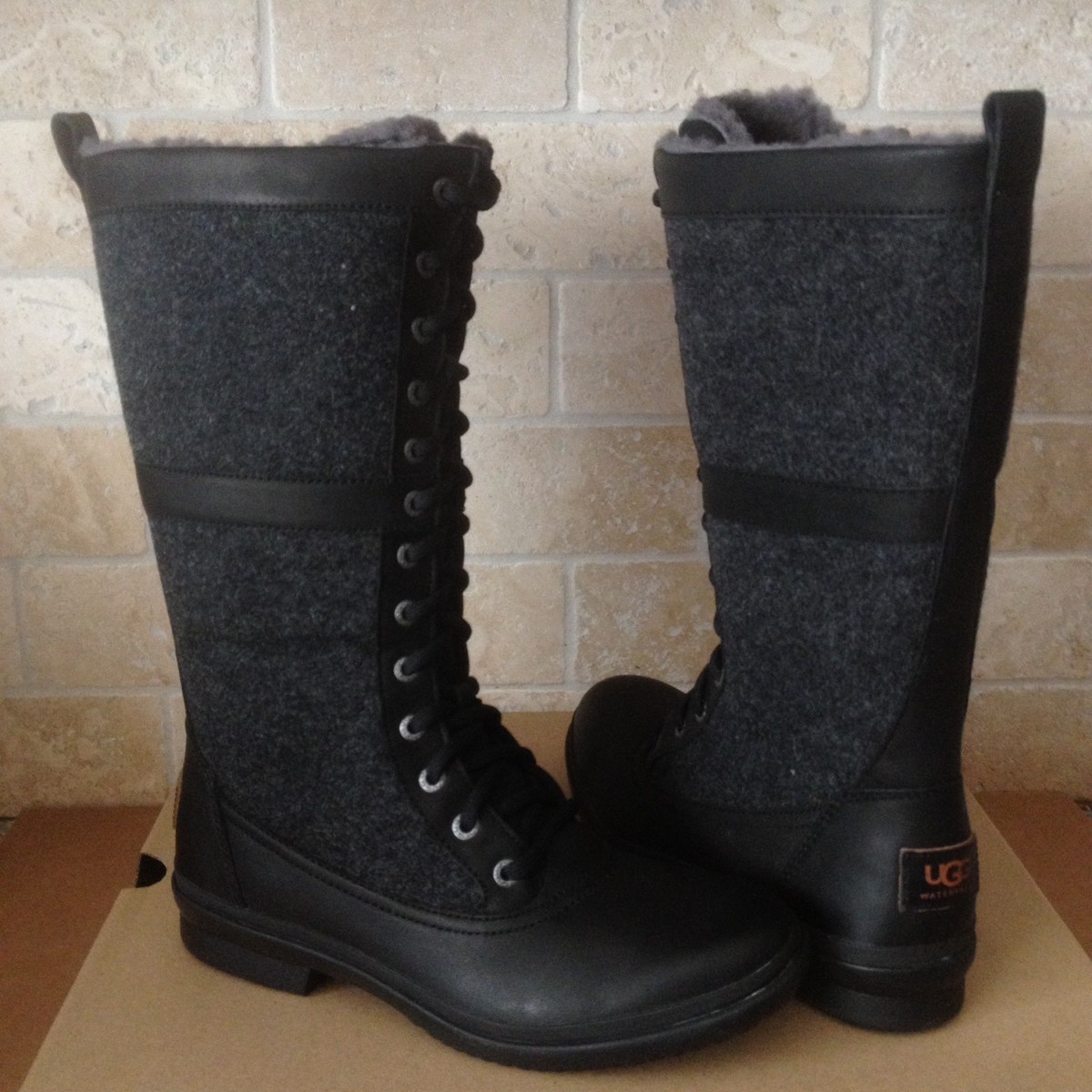 UGG ELVIA TALL BLACK WATERPROOF LEATHER WOOL LINED ZIP BOOTS SIZE