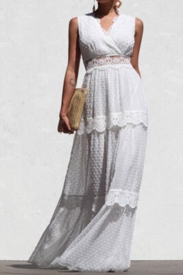 White Bohemian Swiss Dot Crochet Lace Trim Maxi Dress Summer Wedding S |  eBay