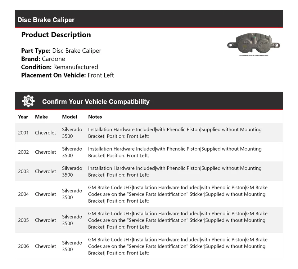Pinza de freno de disco delantera izquierda cardone para Chevrolet Silverado 3500 2001-2006 Foto 2 de 4