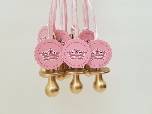 Princess Pacifier Necklace Baby Shower Favor 12 GOLD/PINK Its a Girl Decoration - Picture 2 of 4