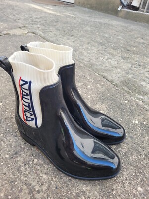 Nautica Rain Boots Women's Black Rubber Glossy Mid Calf Ankle Bootie  Wellies