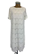JOANNA HOPE DRESS 14 IVORY Lace Tunic Long Short Sleeves Stretchy Fringed Hem