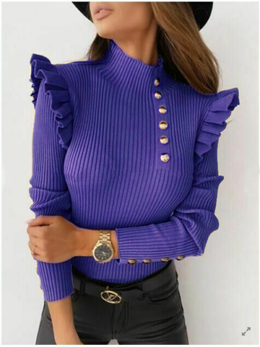 Eleganter gerippter Partyoberteil Damenpullover mit goldenen Knöpfen und Rüschen 8-14 - Bild 4 von 6