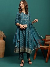 Women Embroidered Floral Printed Round Neck Anarkali Kurta  Trousers  Dupatta