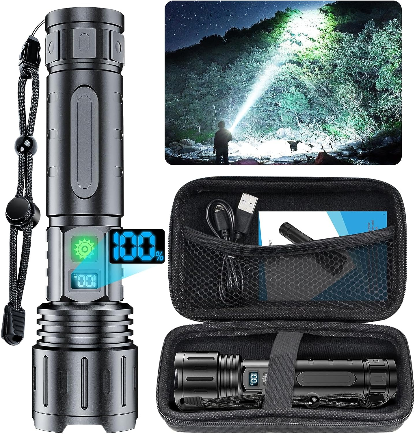 20000 Lumens Waterproof Rechargeable Flashlight with Storage Box – 1500 Meter Range