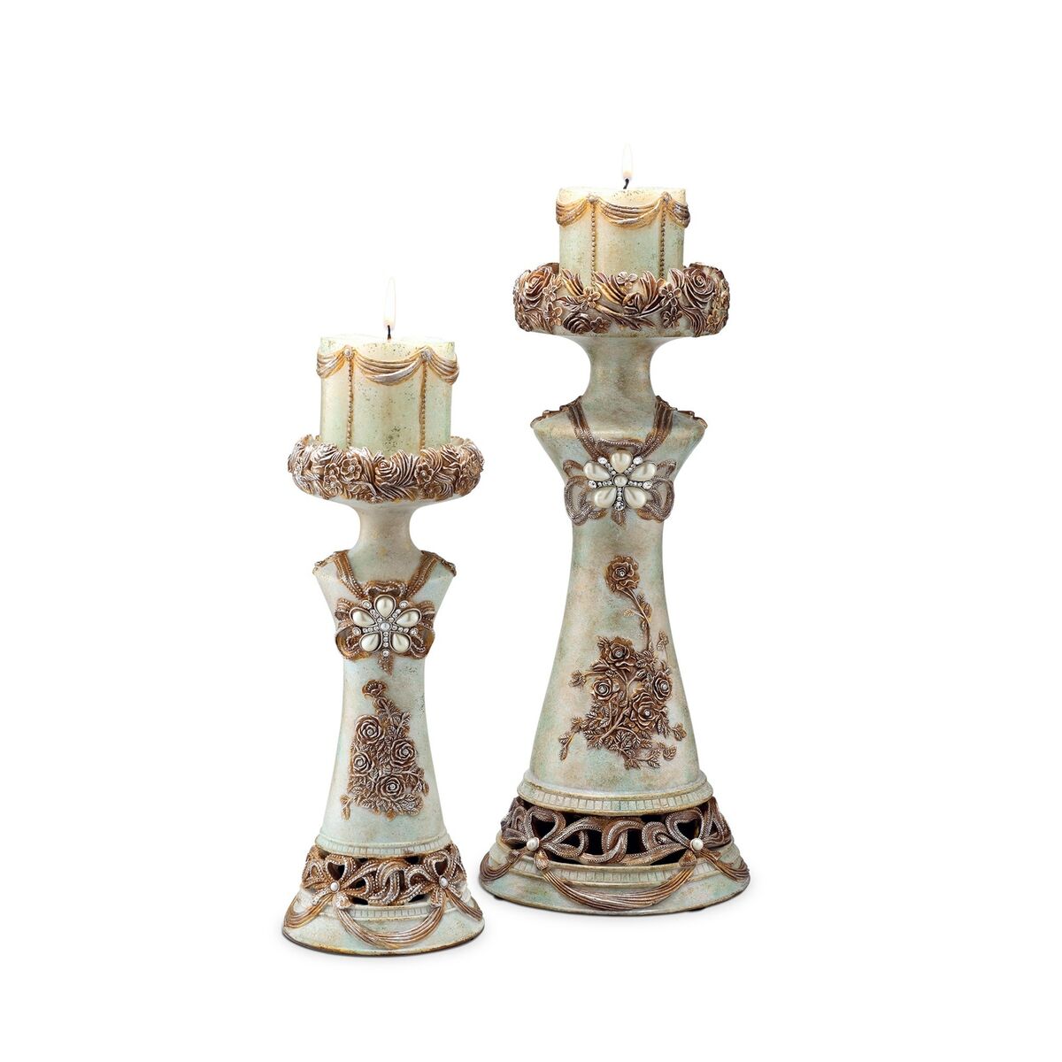 Set of 2 Beige And Brown Vintage Pillar Tabletop Candle Holders Set of 2 Beige And Brown Vintage Pillar Tabletop Candle Holders