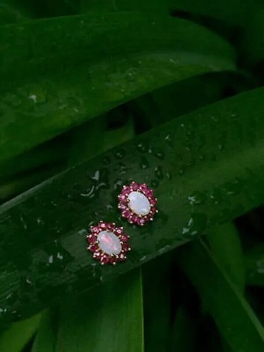 3Ct Lab-Created Opal & Red Ruby Women's Flower Stud Earrings 14K Yellow Gold Fn - Picture 3 of 3