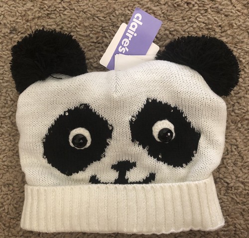 LIght Up Panda Beanie Hat Cap CLAIRE'S NEW Black White Eyes light up - Picture 4 of 7