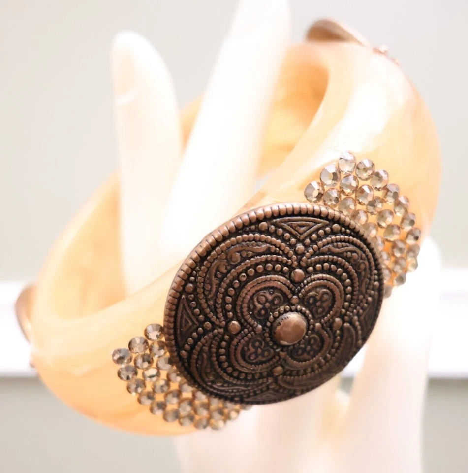 Tarina Tarantino bracelet beige Lucite bangle w/ medallions bronze tone - Image 2 of 4