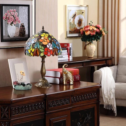 Tiffany style Vintage Stained Glass Table Lamp Rose Floral Desk Light 18" Tall