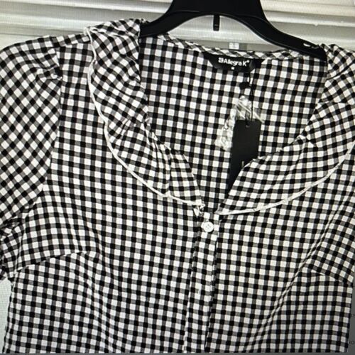 Allegra L Womens M Blouse Black Plaid Puff Sleeve Ruffle Peter Pan Collar Shirt - Picture 3 of 11